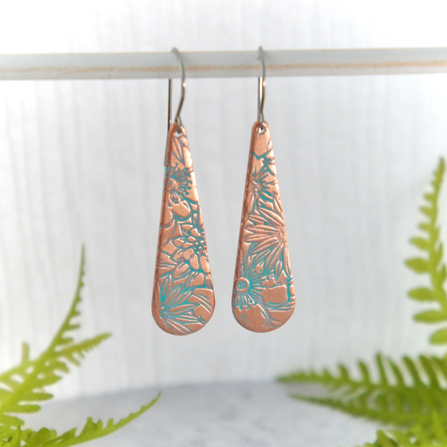 Narrow Floral Teardrop Copper Earrings