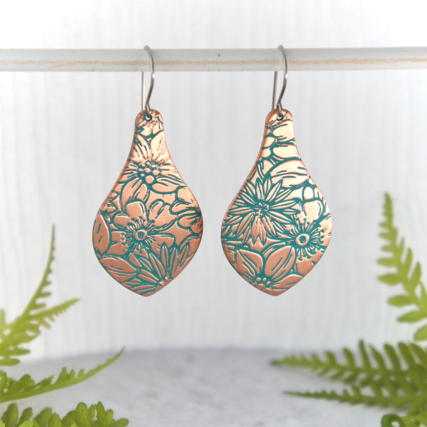 Large Floral Patterned Copper Drop Earrings
