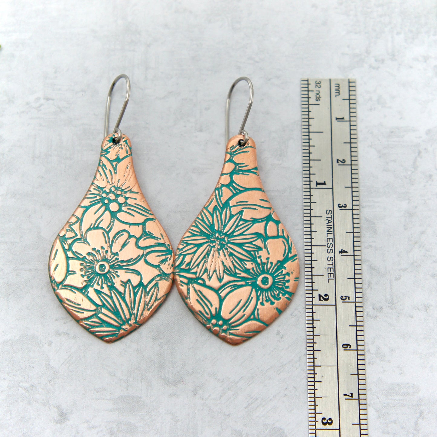 Large Floral Patterned Copper Drop Earrings
