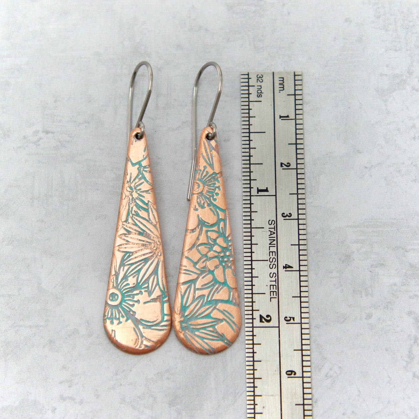 Narrow Floral Teardrop Copper Earrings
