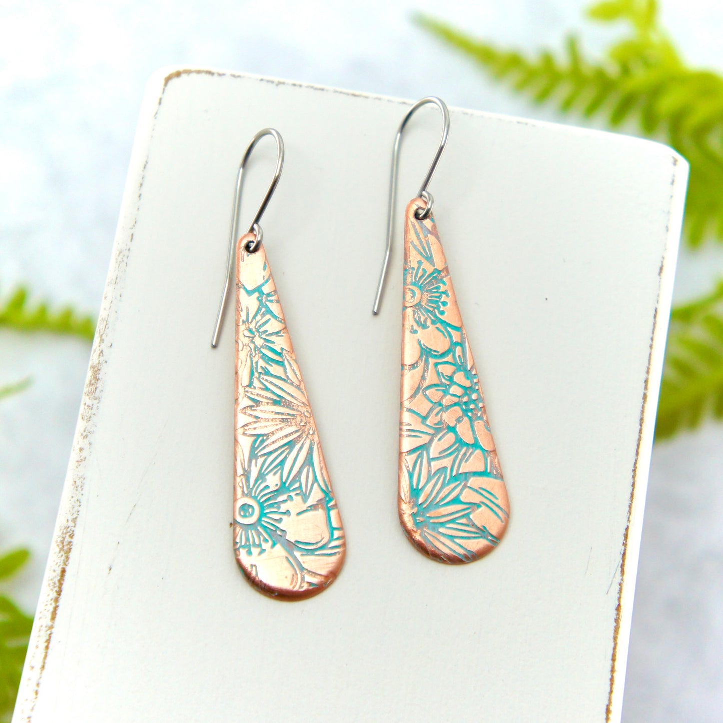 Narrow Floral Teardrop Copper Earrings