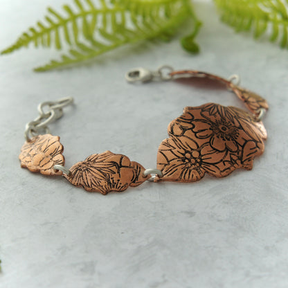 Floral Patterned Copper Link Bracelet