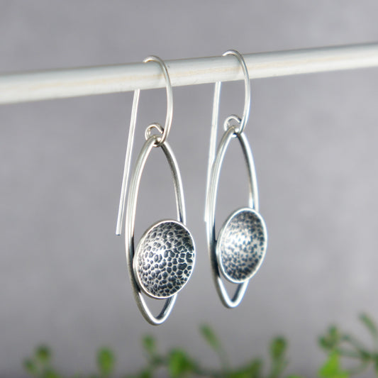 Sterling Silver Open Marquise Earrings With a Textured Circle