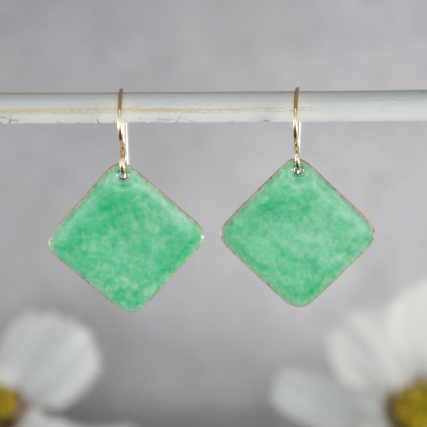 Green Enamel Sideways Square Earrings