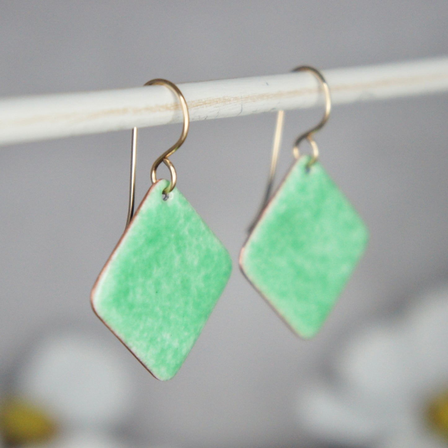Green Enamel Sideways Square Earrings