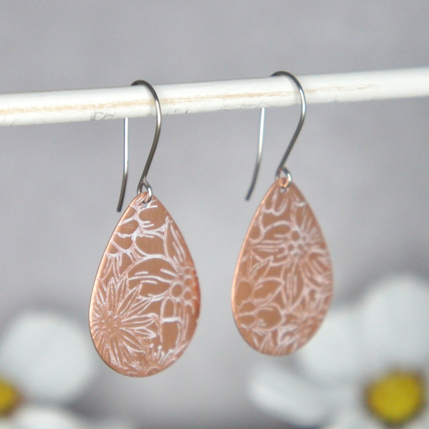 Copper Floral Pattern Teardrop Earrings