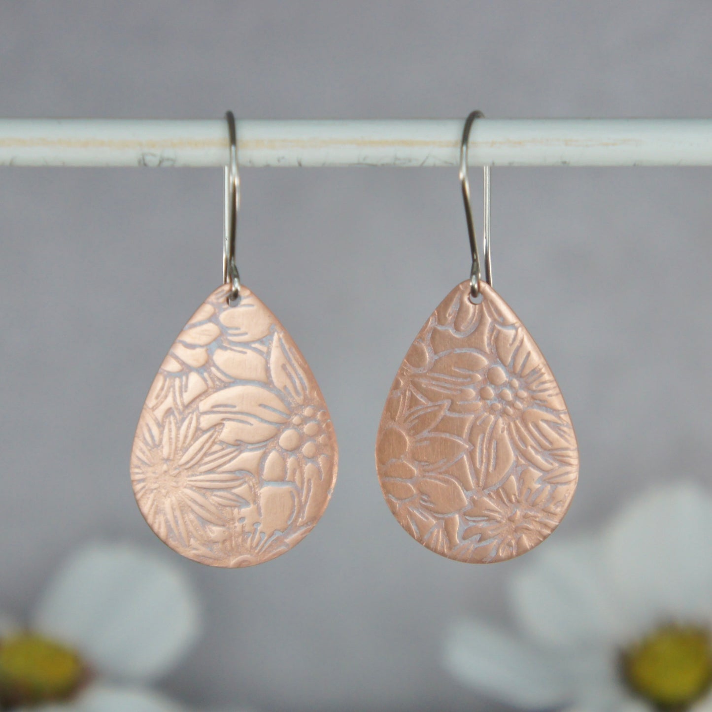 Copper Floral Pattern Teardrop Earrings