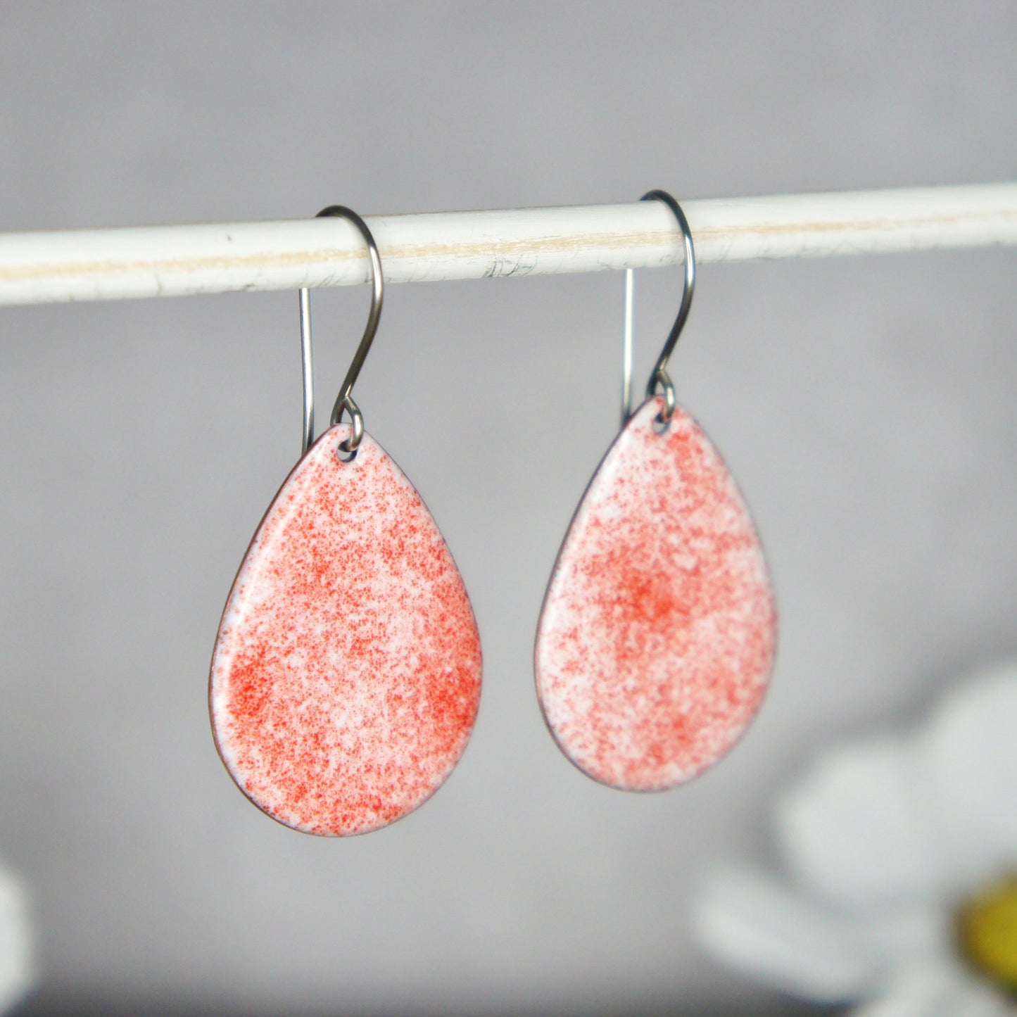 Red Speckled Teardrop Enamel Earrings