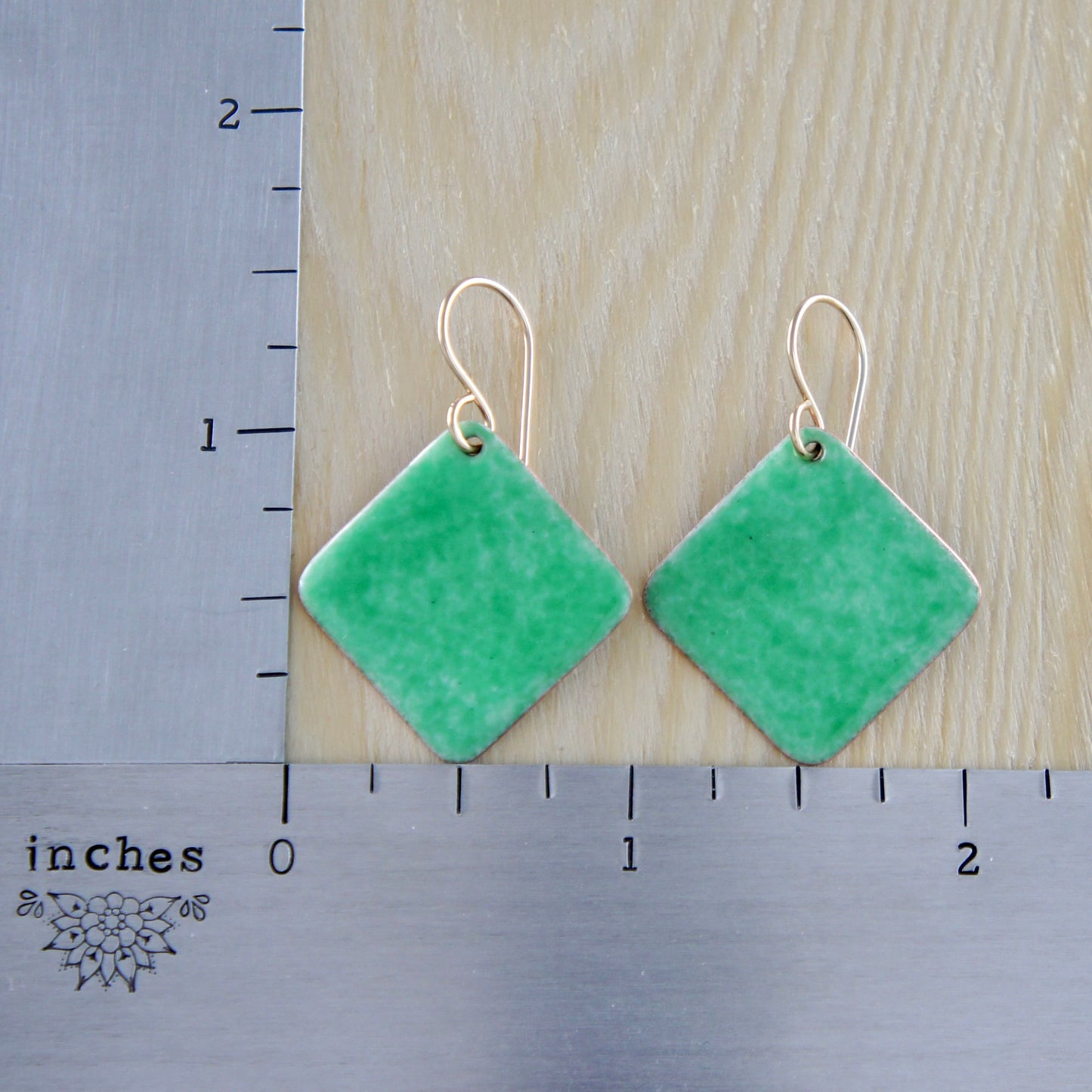 Green Enamel Sideways Square Earrings