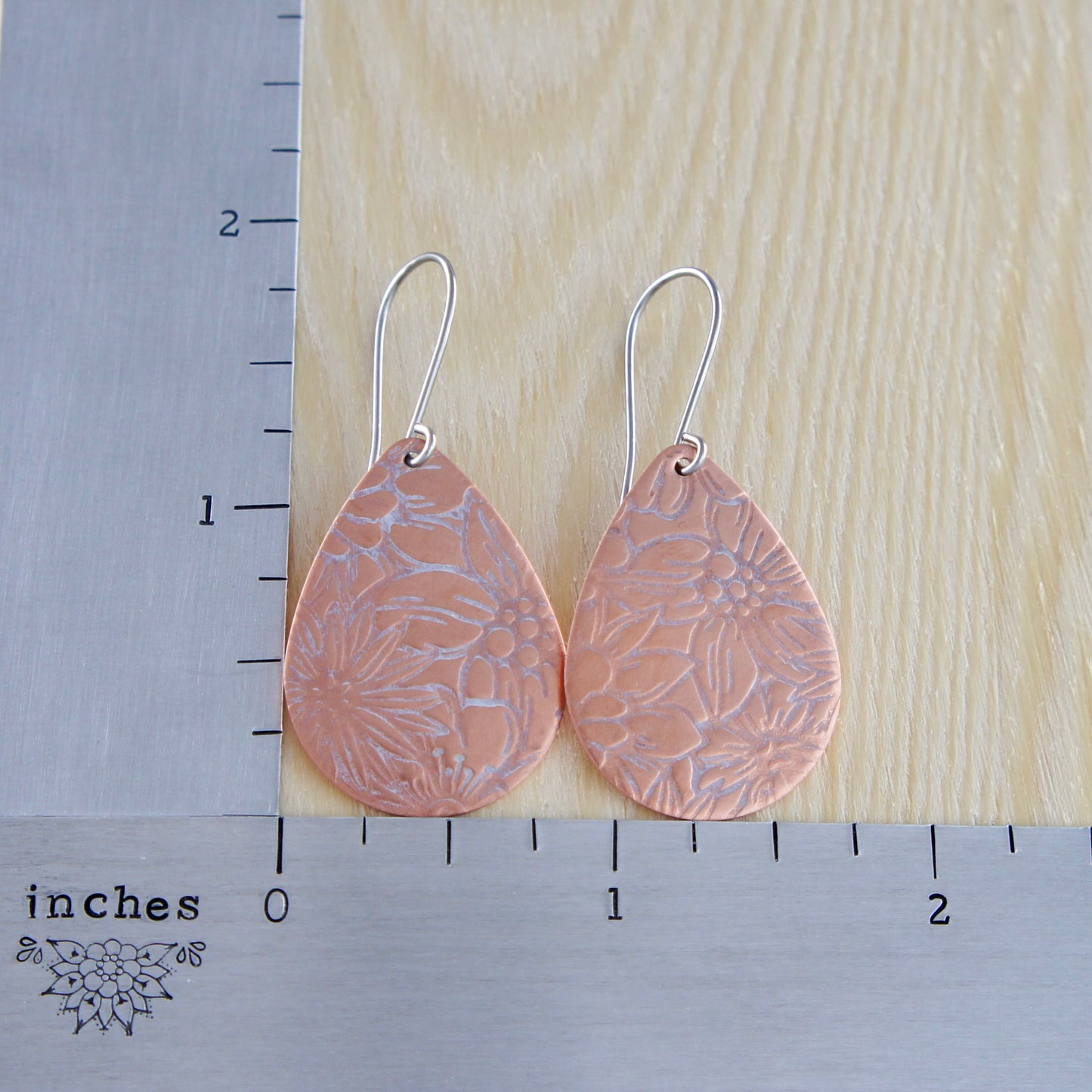 Copper Floral Pattern Teardrop Earrings