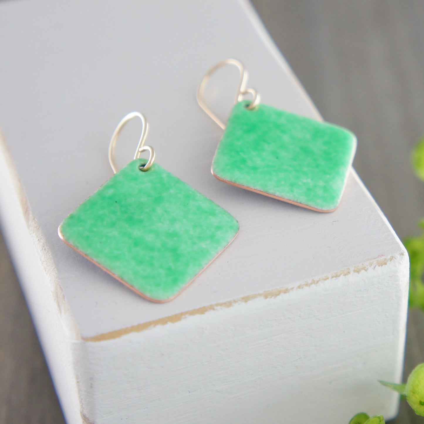 Green Enamel Sideways Square Earrings