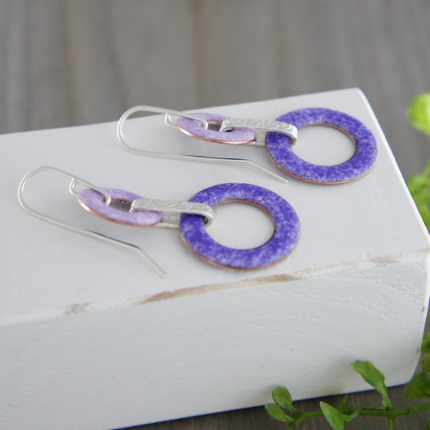 Sterling Silver and Purple Enamel Link Earrings