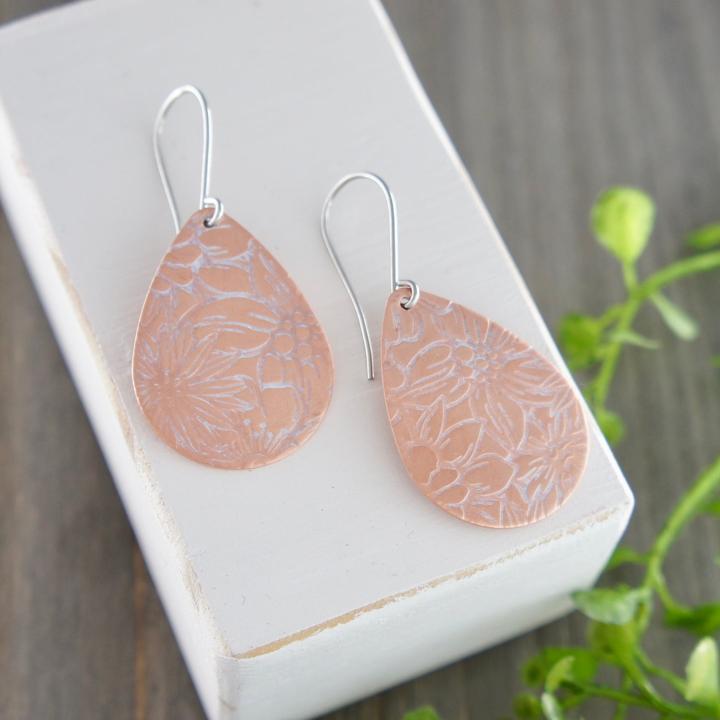 Copper Floral Pattern Teardrop Earrings