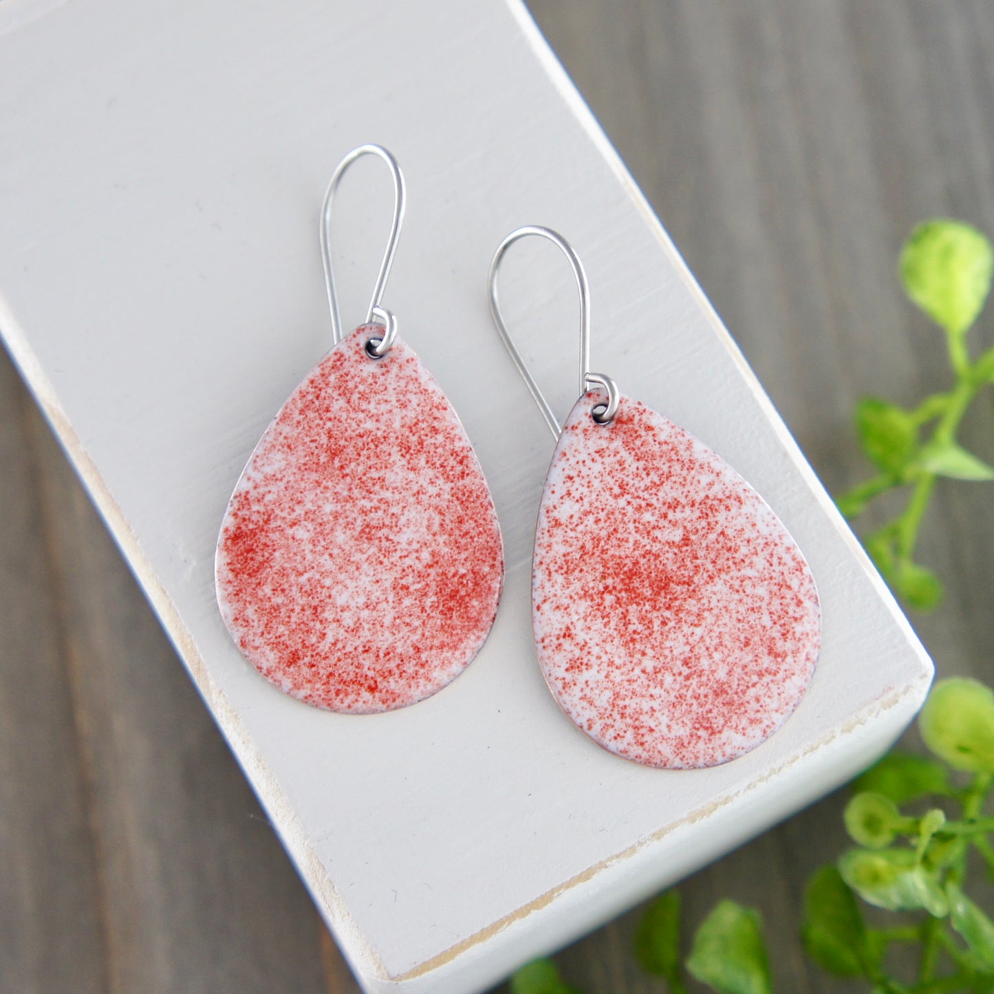 Red Speckled Teardrop Enamel Earrings