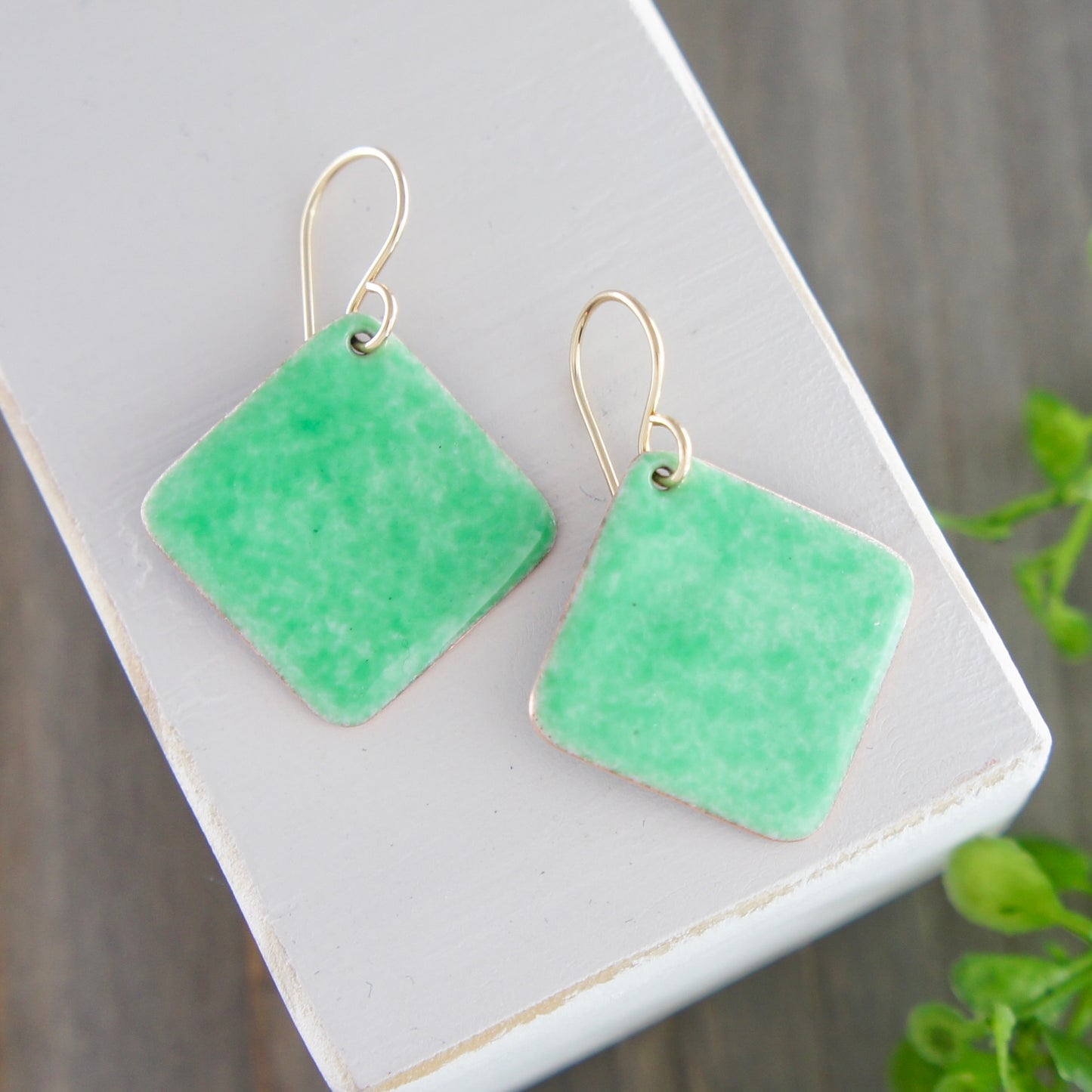 Green Enamel Sideways Square Earrings