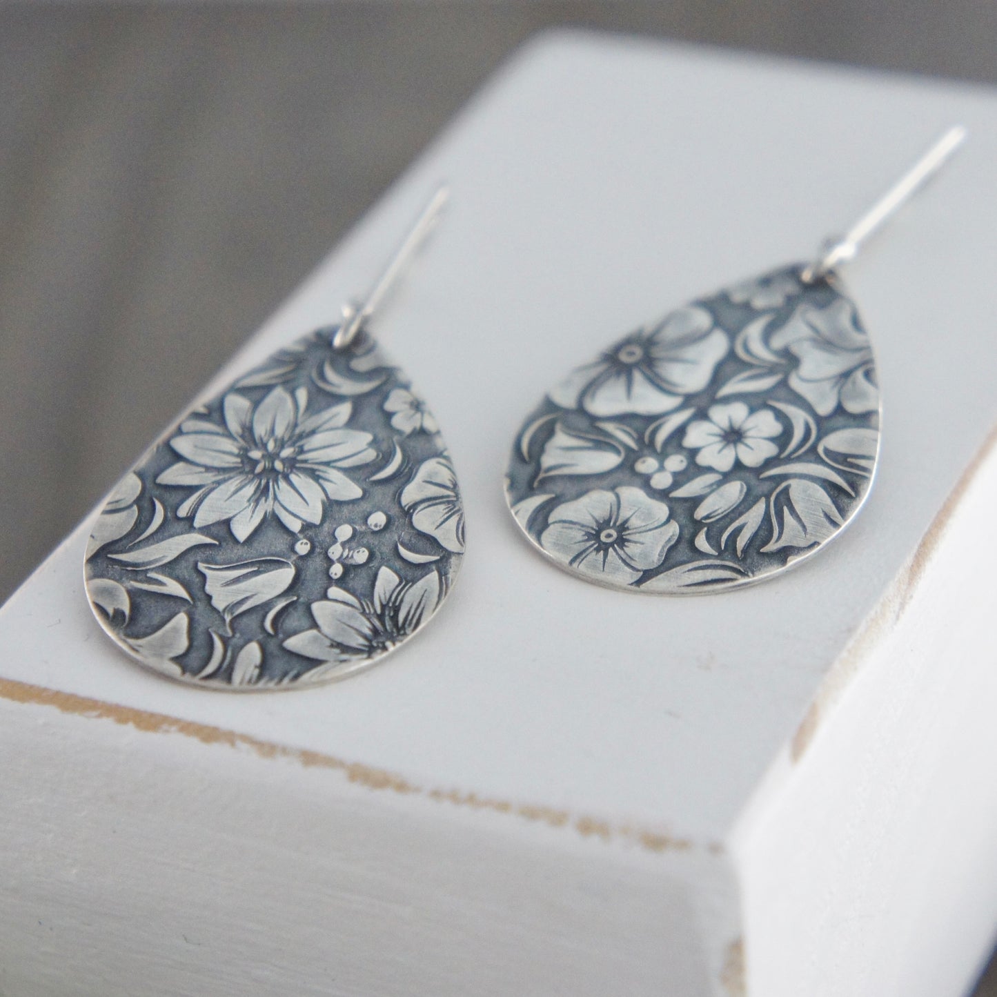 Sterling Silver Floral Teardrop Earrings