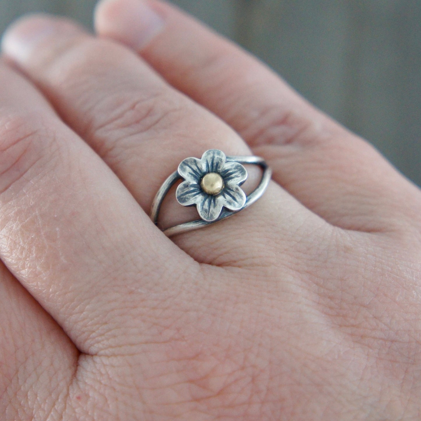 Sterling Silver Flower Ring With Yellow Gold Center