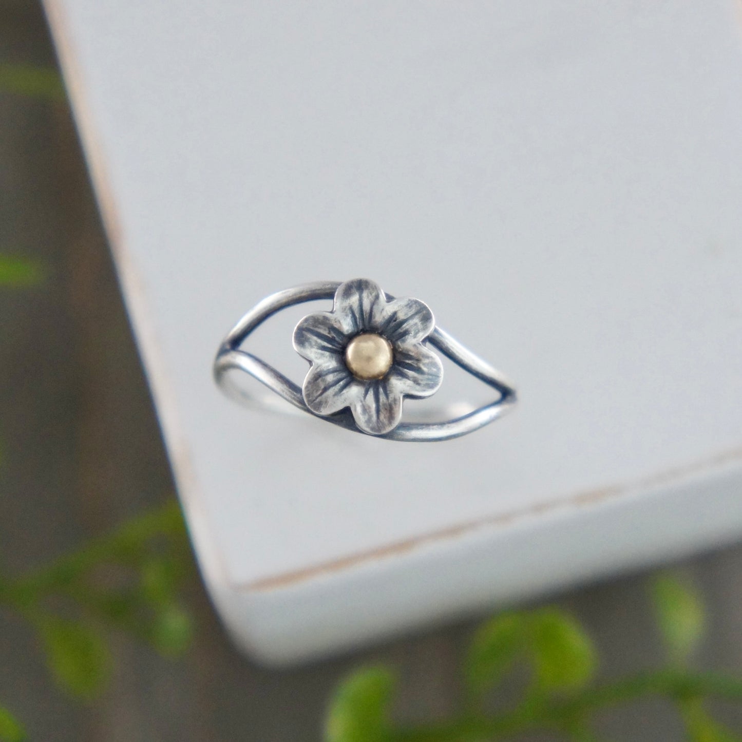 Sterling Silver Flower Ring With Yellow Gold Center