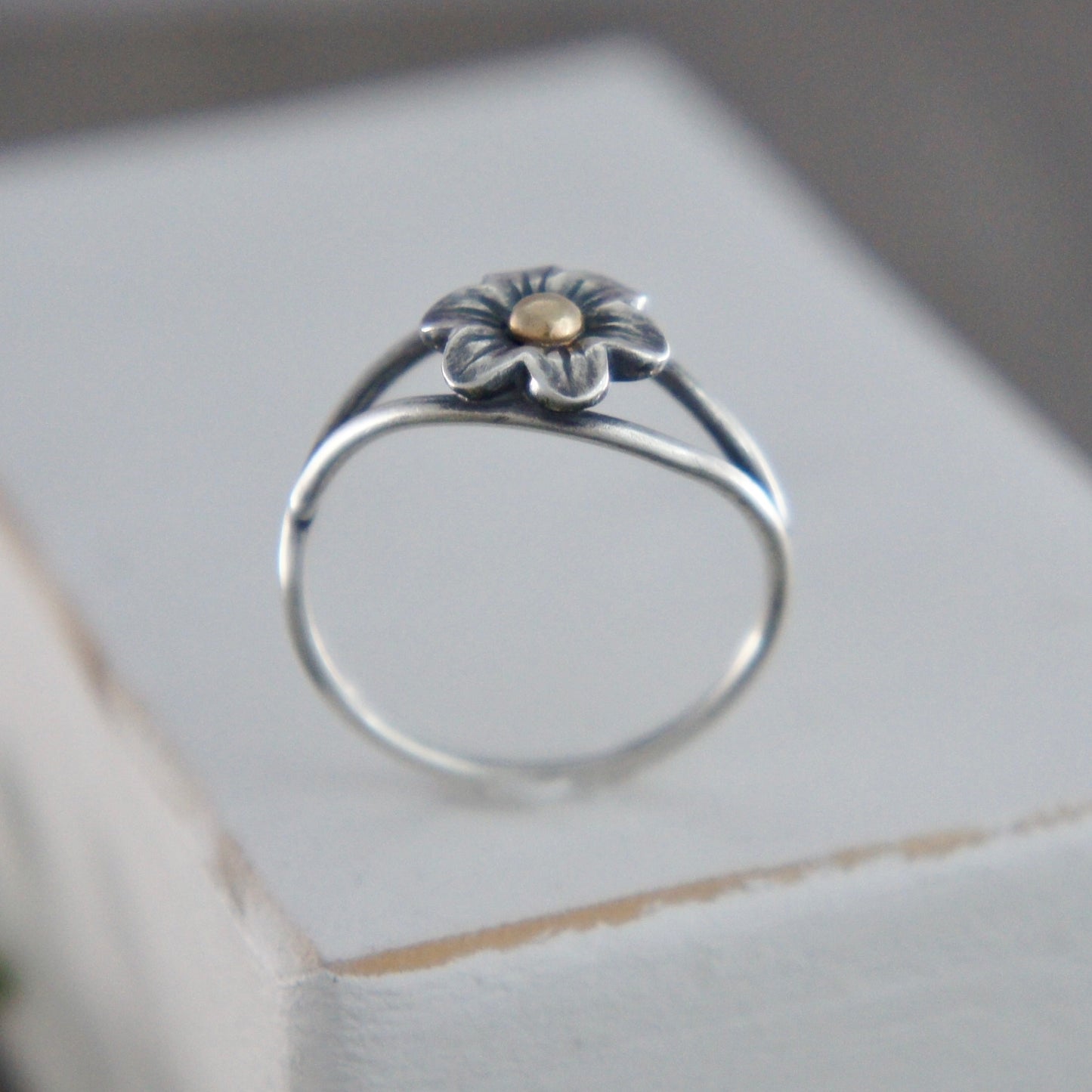 Sterling Silver Flower Ring With Yellow Gold Center