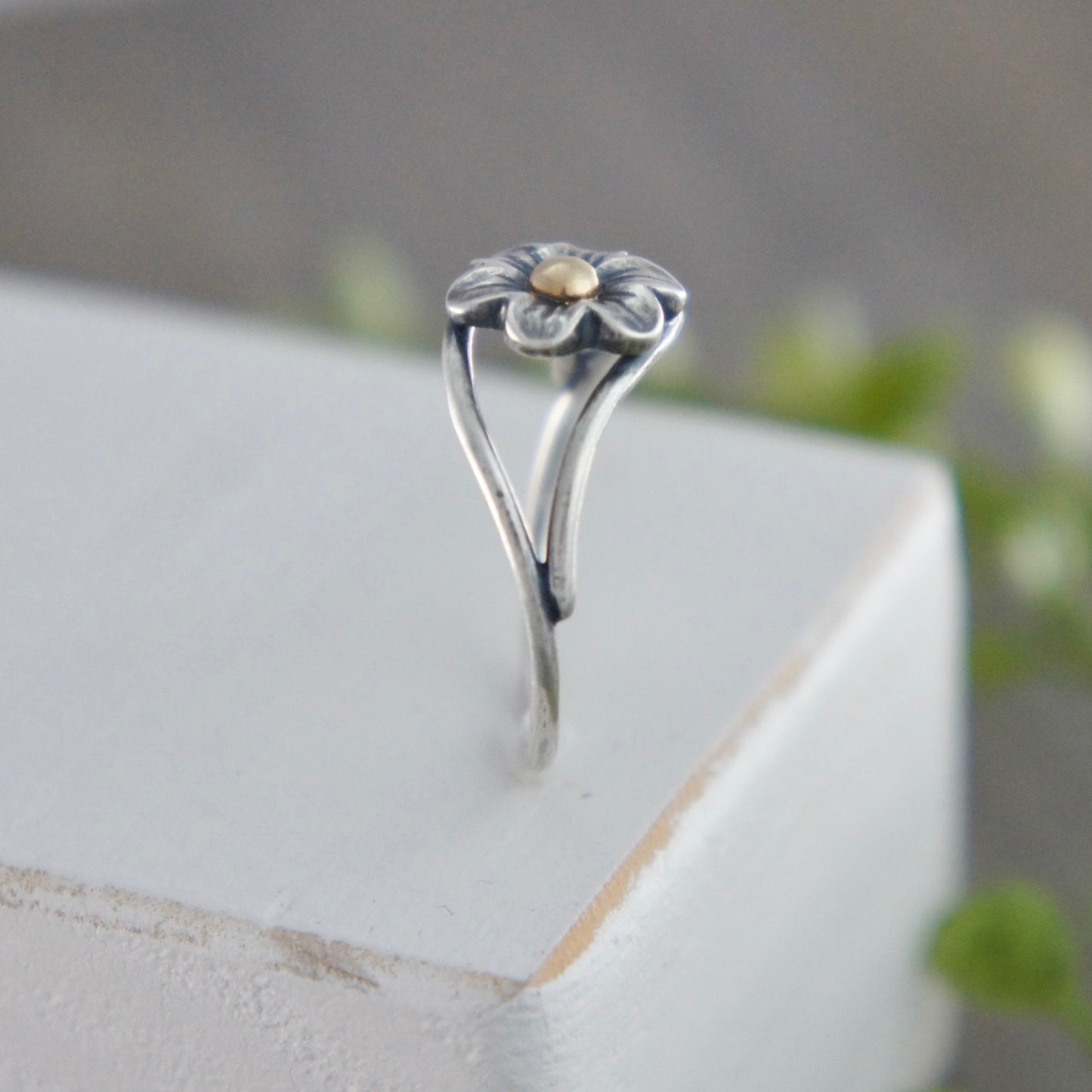 Sterling Silver Flower Ring With Yellow Gold Center