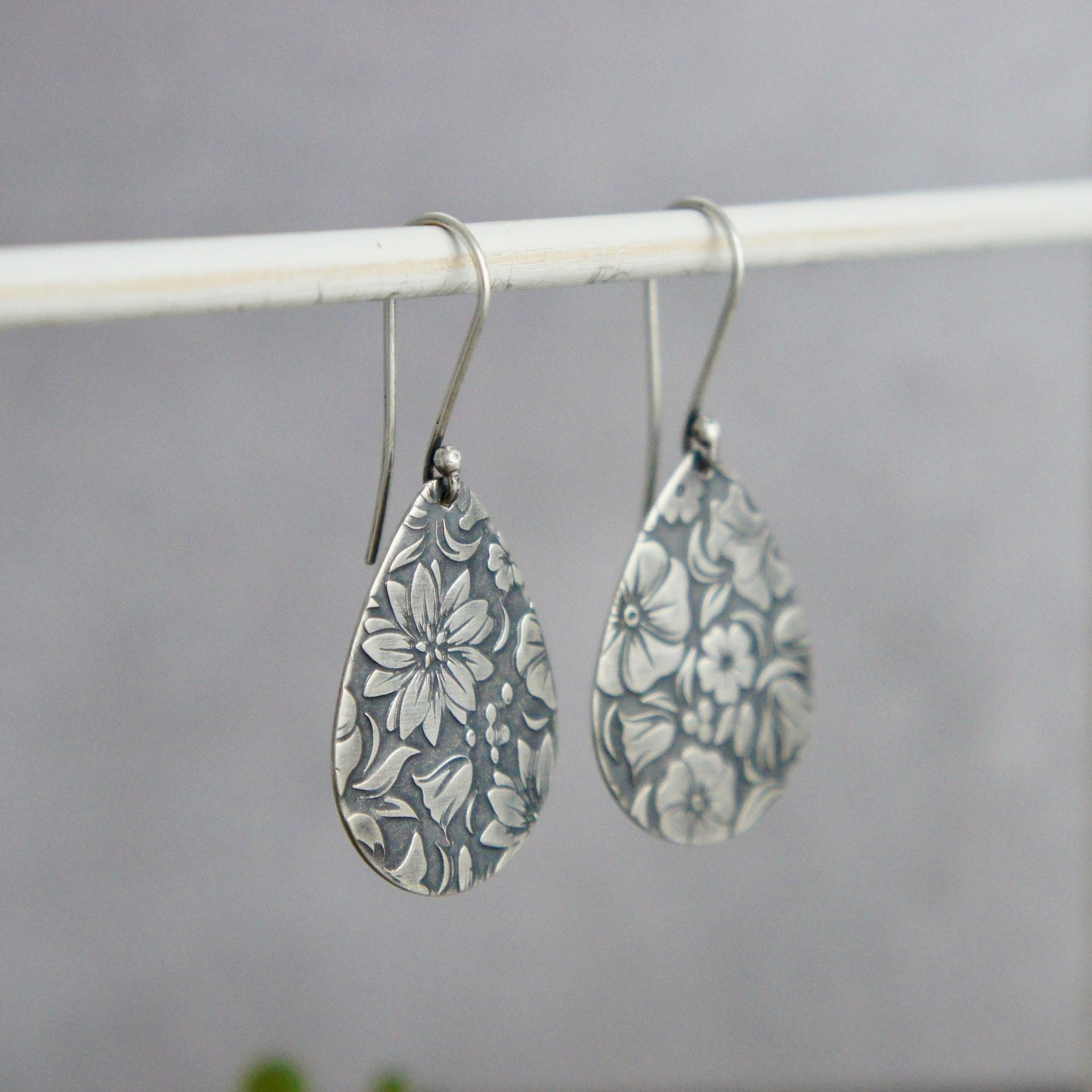 Sterling Silver Floral Teardrop Earrings