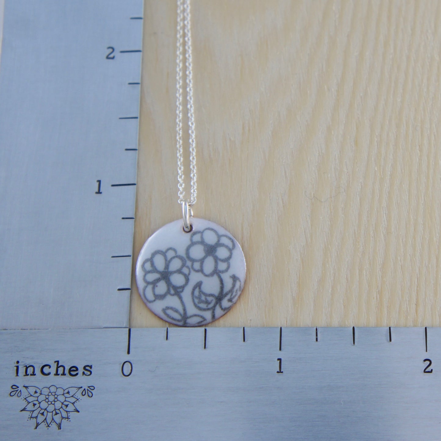 Enamel Disc Necklace With Drawn Flower