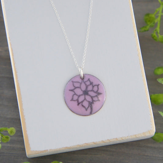 Enamel Disc Necklace With Drawn Flower