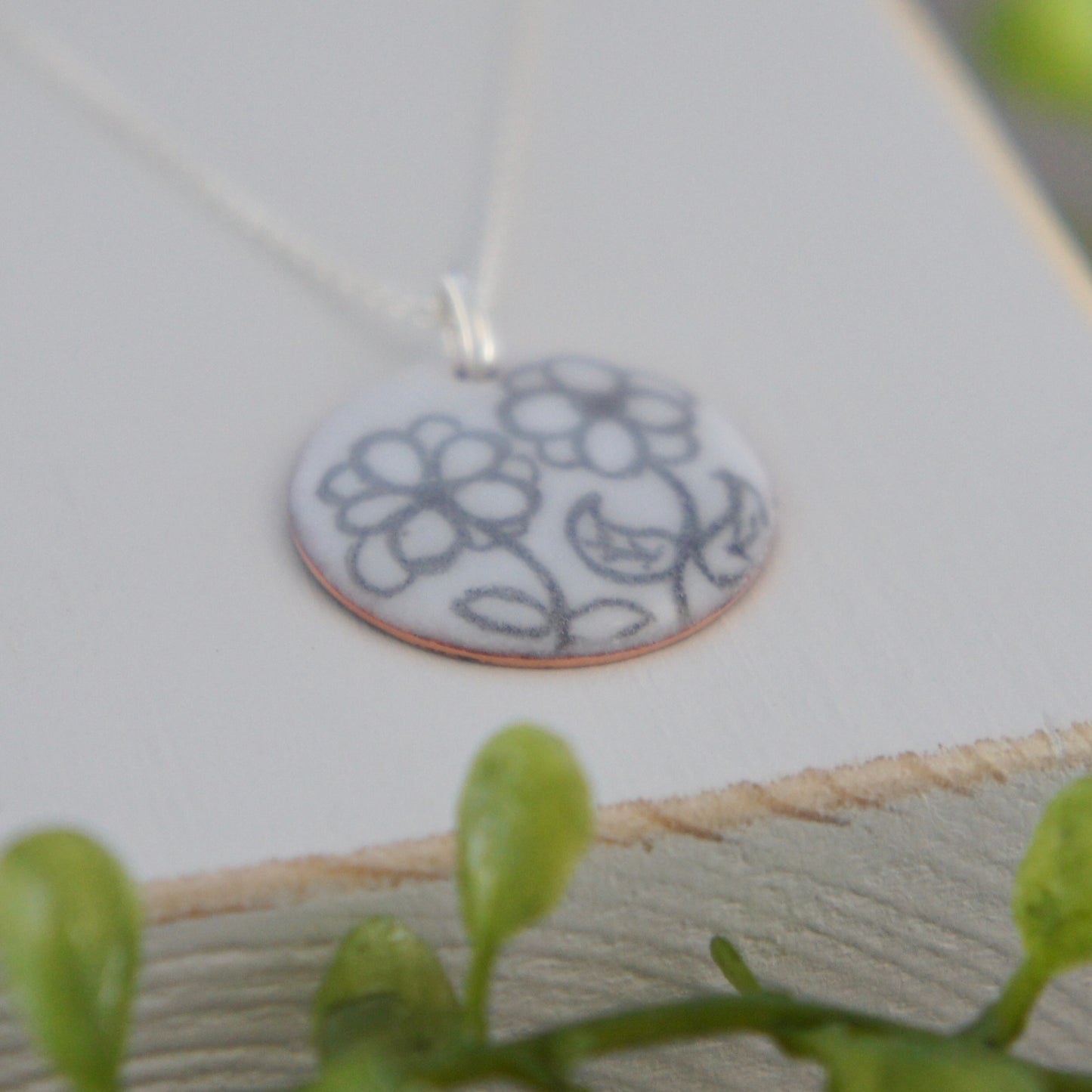 Enamel Disc Necklace With Drawn Flower