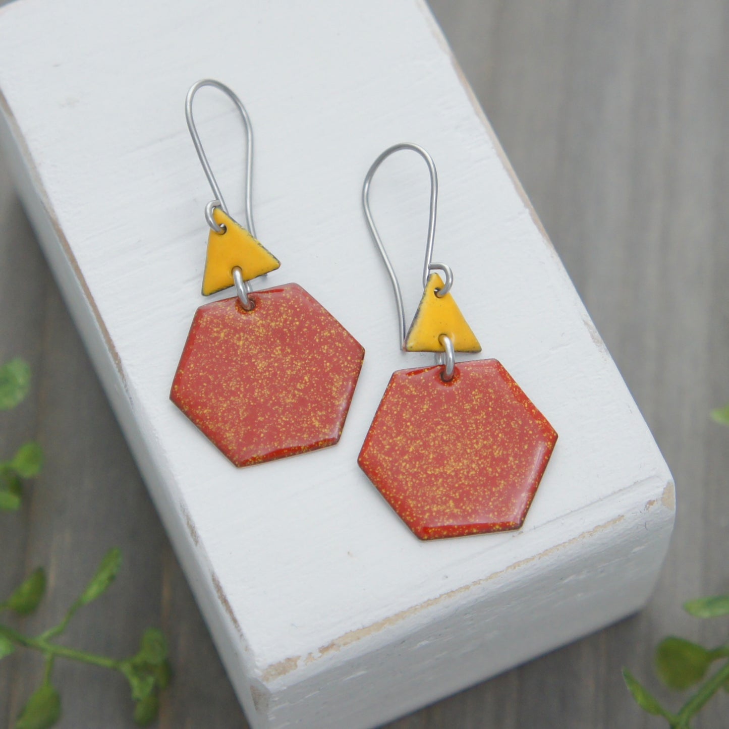 Red and Yellow Hexagon and Triangle Enamel Earrings