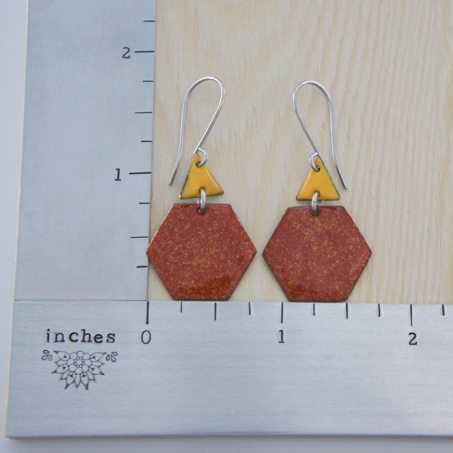 Red and Yellow Hexagon and Triangle Enamel Earrings