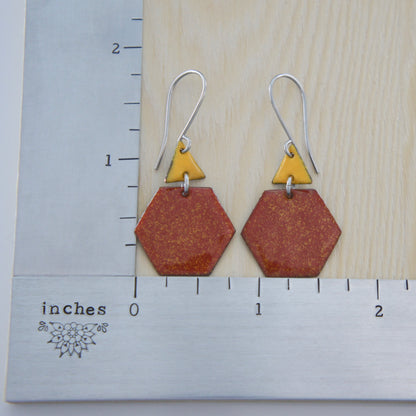 Red and Yellow Hexagon and Triangle Enamel Earrings