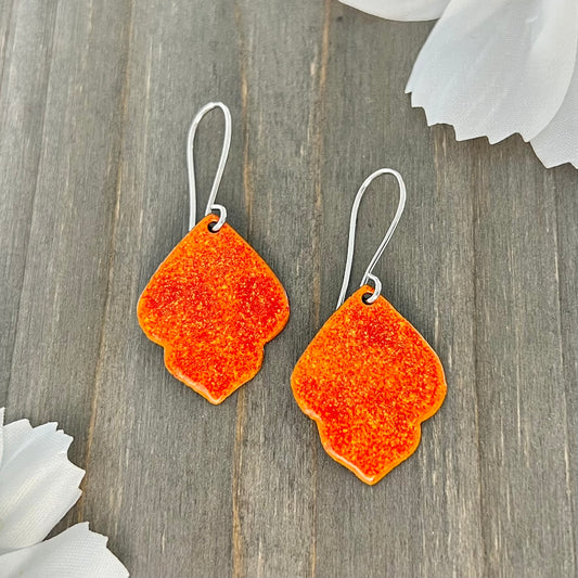 orange arabesque drop enamel earrings with stainless steel ear wires