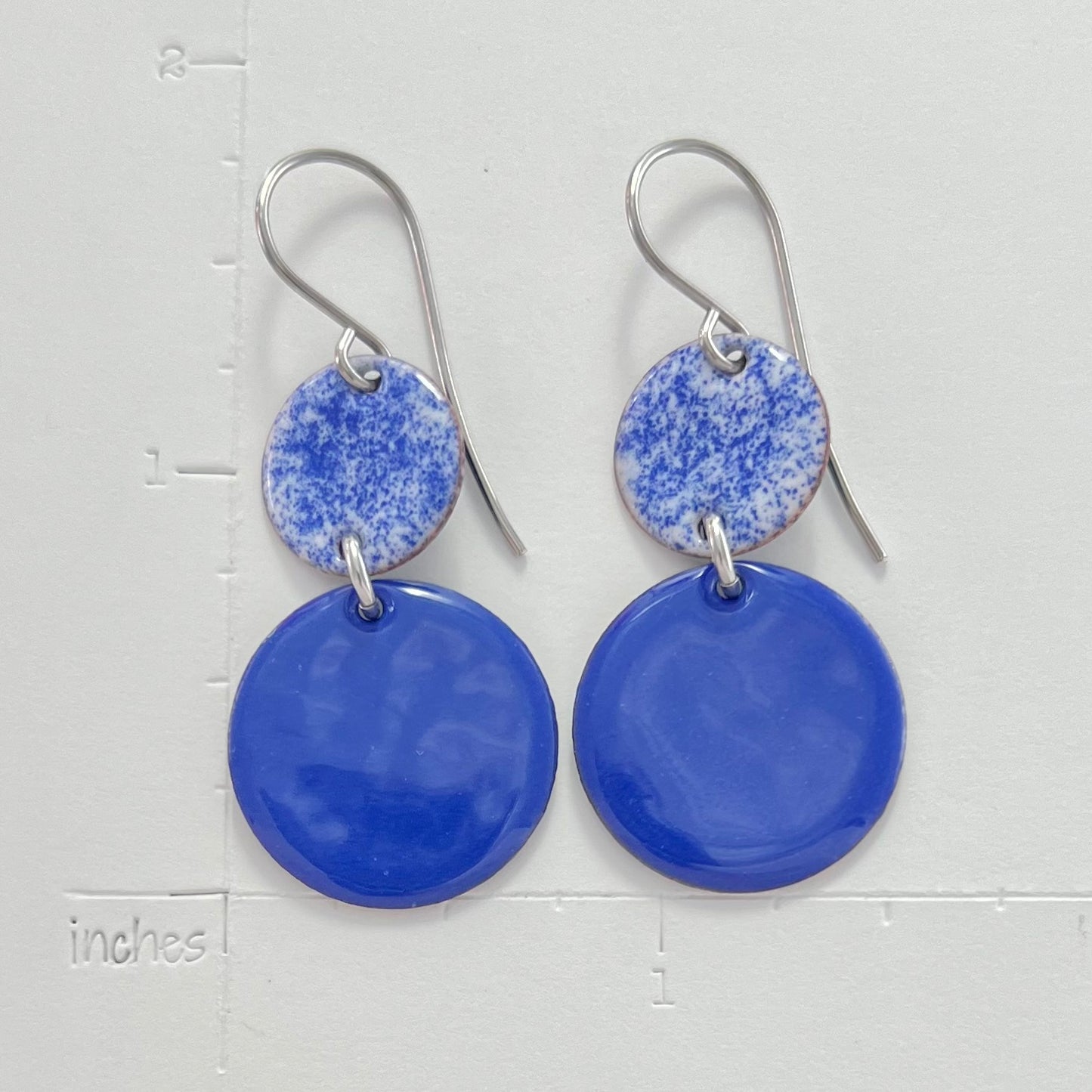 Blue and White Enamel Circle Double Drop Earrings