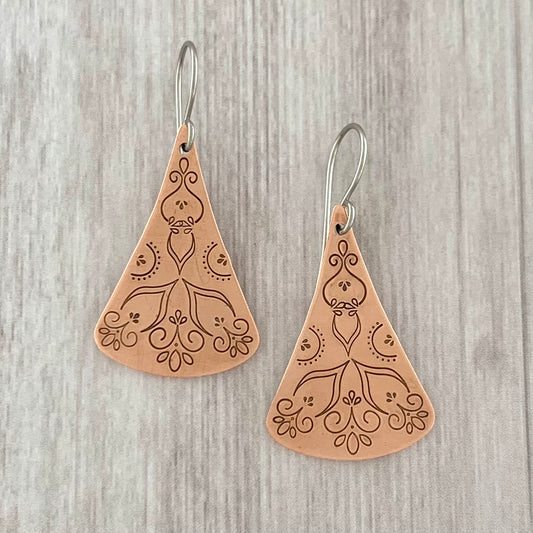 Copper Drop Mandala Style Hand Stamped Earrings