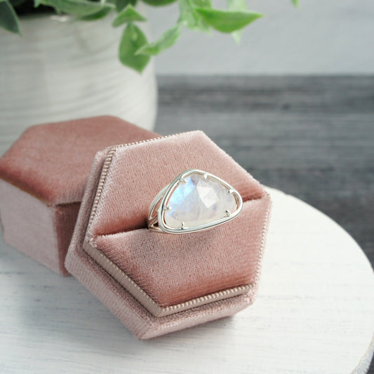 Sterling Silver Rainbow Moonstone Triangular Ring