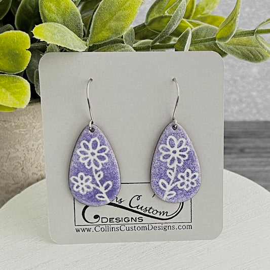 Teardrop Enamel Earrings with Flower Line Art
