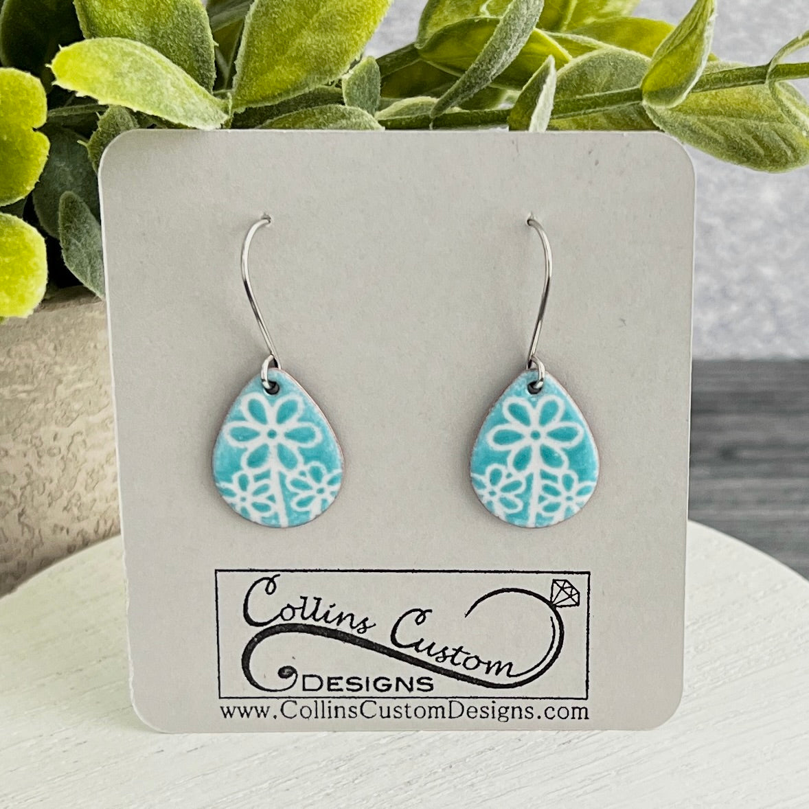 Teardrop Enamel Earrings with Flower Line Art