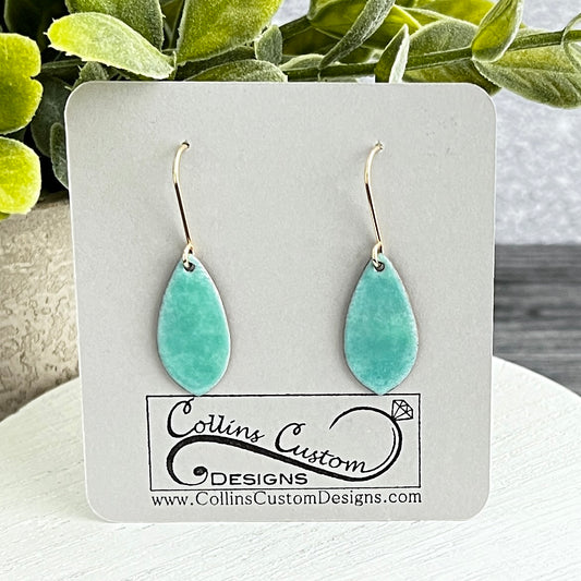 Small Pointed Teardrop Aqua Enamel Earrings