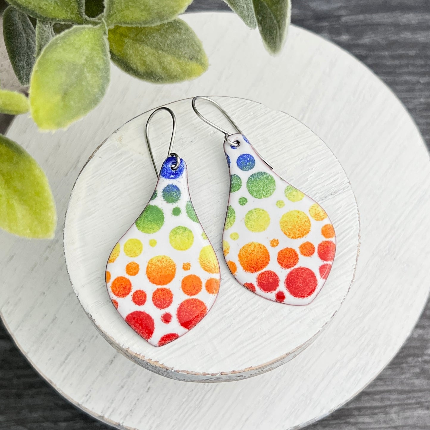Rainbow Polka Dot Flared Drop Enamel Earrings