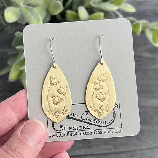 Brass Pointed Teardrop Floral Hand Stamped Earrings