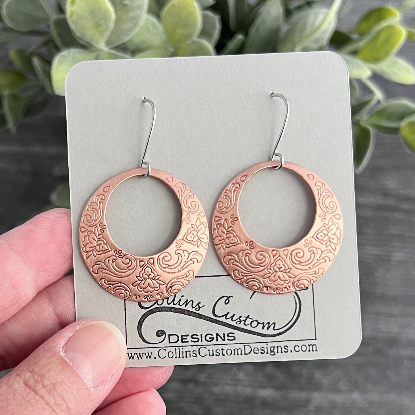 Floral Hand Stamped Open Circle Earrings