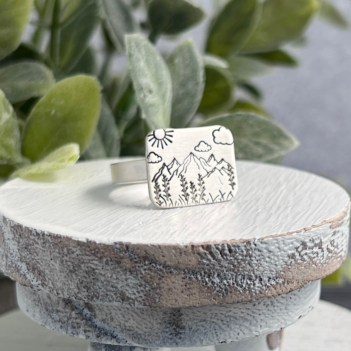 Hand Stamped Mountain Scene Ring