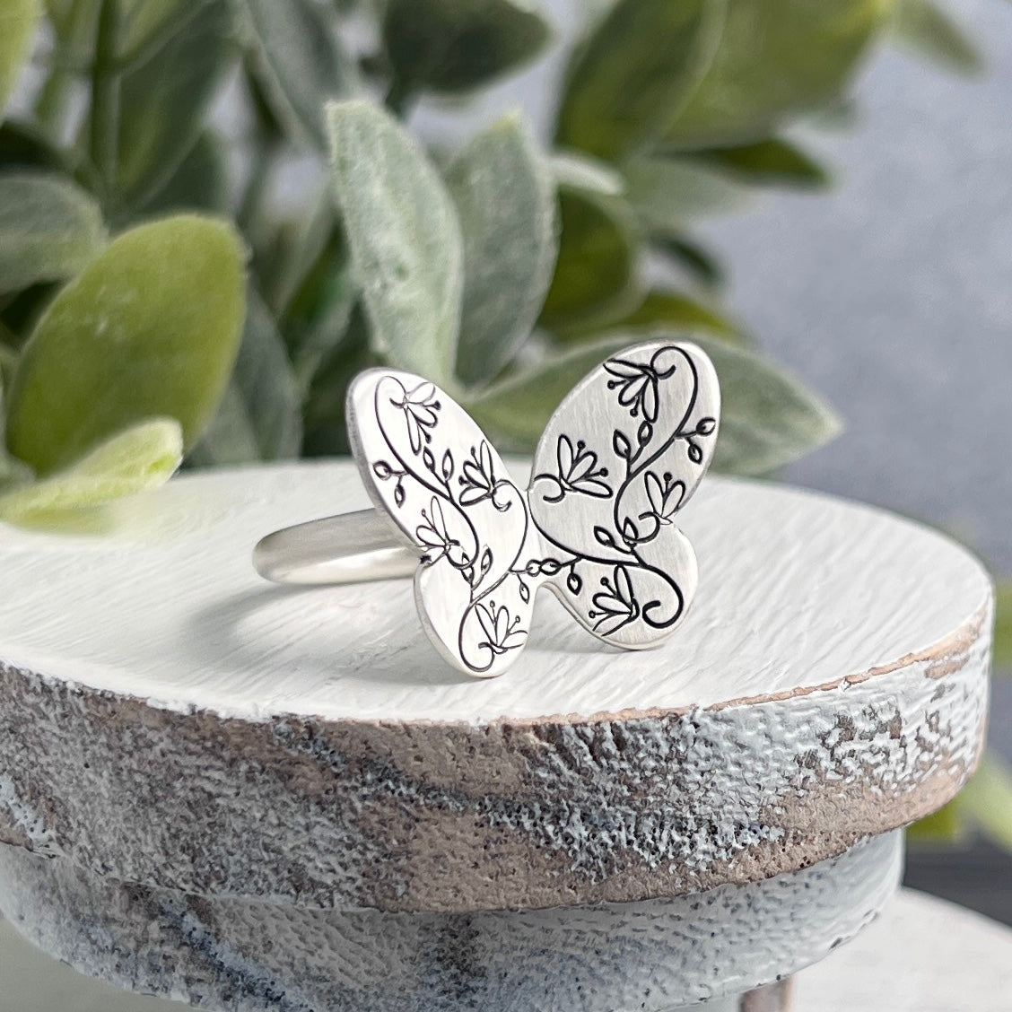 Sterling Silver Hand Stamped Butterfly Ring