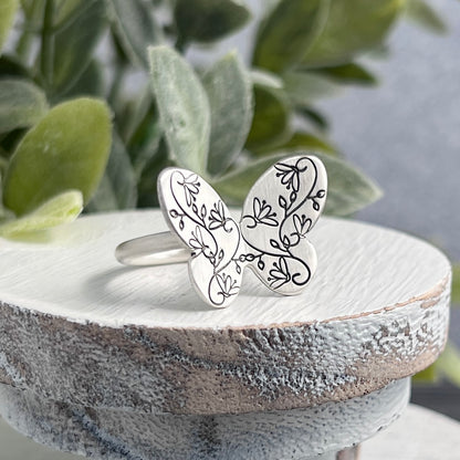 Sterling Silver Hand Stamped Butterfly Ring