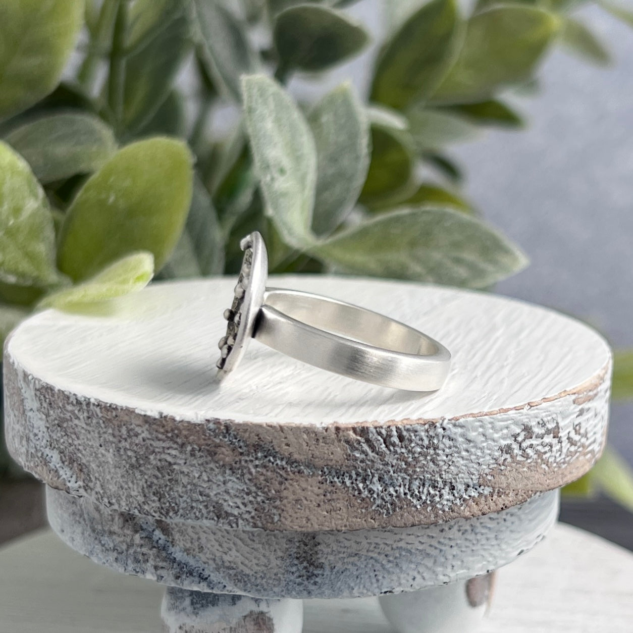 Sterling Silver Ring with Concave Textured Round Top
