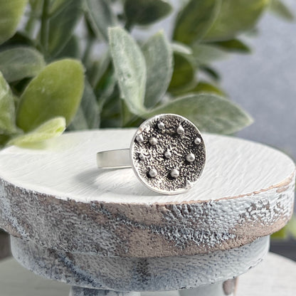Sterling Silver Ring with Concave Textured Round Top