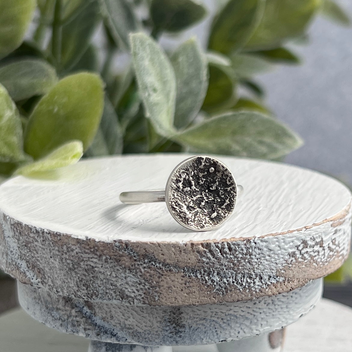 Sterling Silver Ring with Small Concave Textured Round Top
