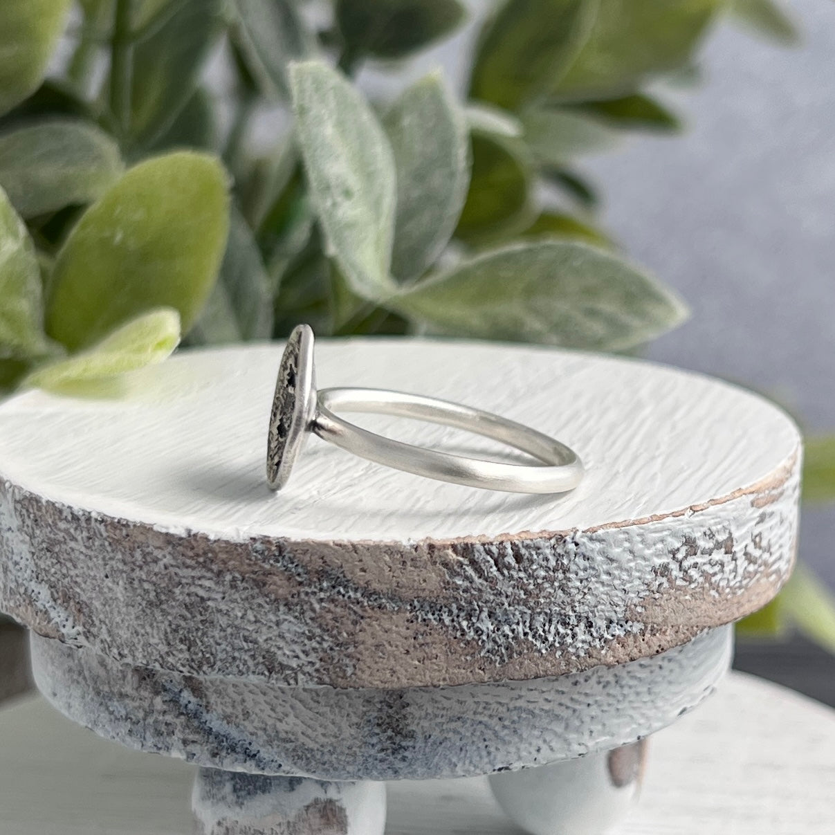 Sterling Silver Ring with Small Concave Textured Round Top