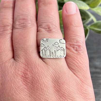 Hand Stamped Mountain Scene Ring