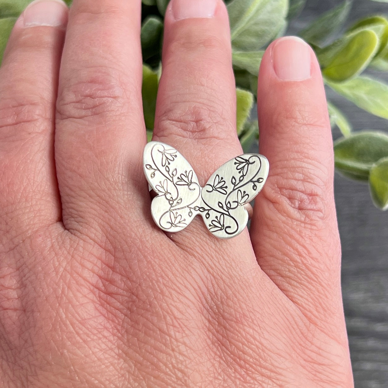 Sterling Silver Hand Stamped Butterfly Ring